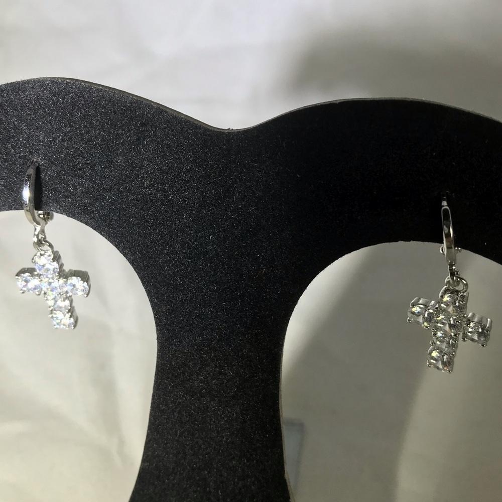 Cross Earrings Stainless Steel White Sapphires - Picture 1 of 4